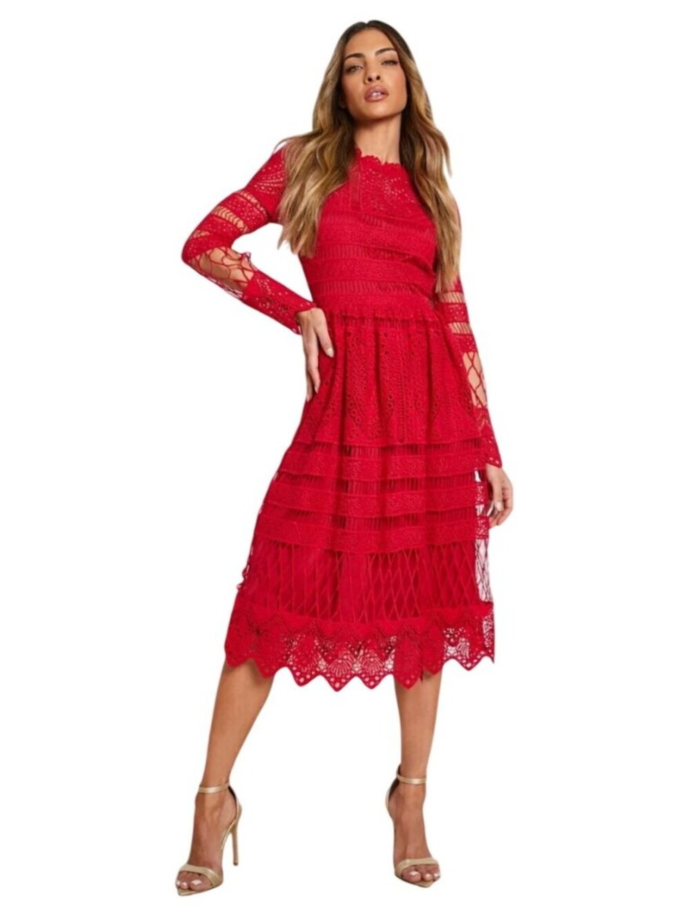 Boohoo Red Lace Dress Womens 8 UK 12 Occasion Guipure Skater Midi Long Sleeve